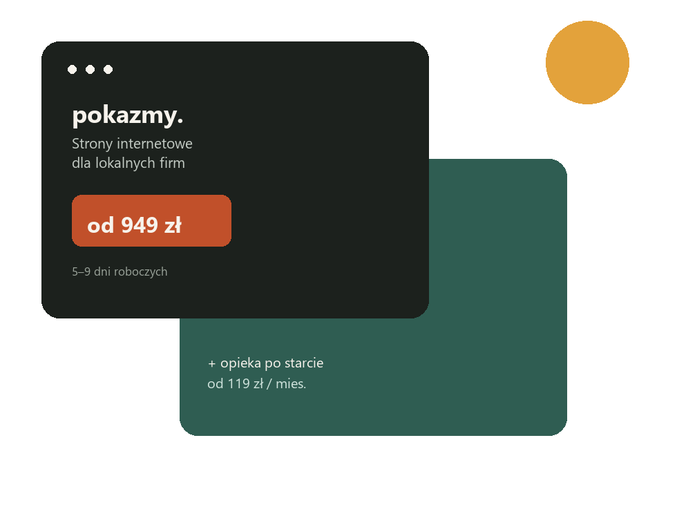 Ilustracja: panel strony pokazmy. z ceną pakietu Wizytówka i informacją o opiece po starcie